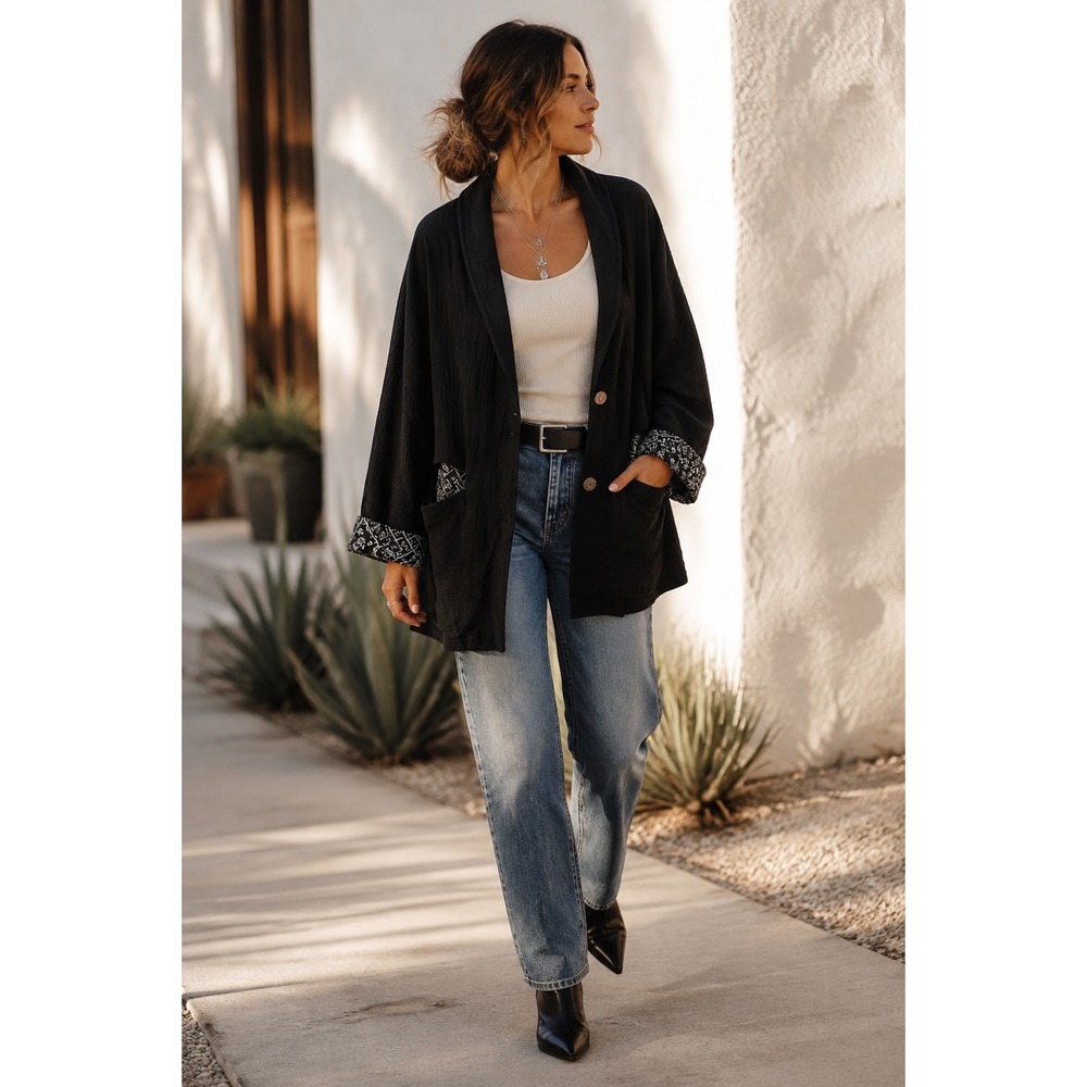 La Miel Black Cotton Gauze Bandana Lined Oversized Kimono Jacket M Boho